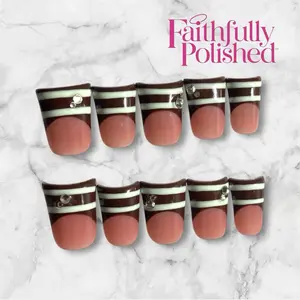 Faithfully Polished "Tiffany"- Chocolate Brown & Mint Green French Tip Press-On Nails Short Duck Tip with Rhinestone Accents Handmade Glossy Reusable Nail Set