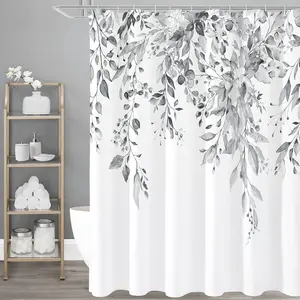 Grey Eucalyptus Shower Curtain, Watercolor Plant Leaves with Floral Bathroom Shower Curtain Set, Gray White, 72x72
