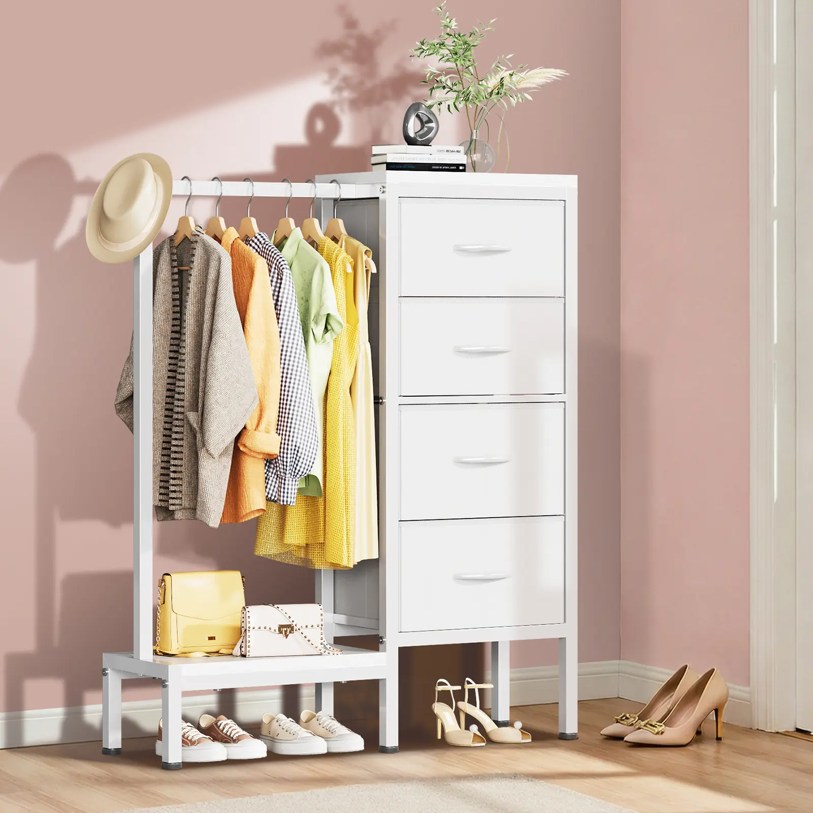 3-in-1 Closet Organizer: 4-Drawer/6-Drawer Dresser with Hanging Rail & Shoe Rack - Heavy Duty Metal Frame Wardrobe for Bedroom, Entryway & Small Spaces