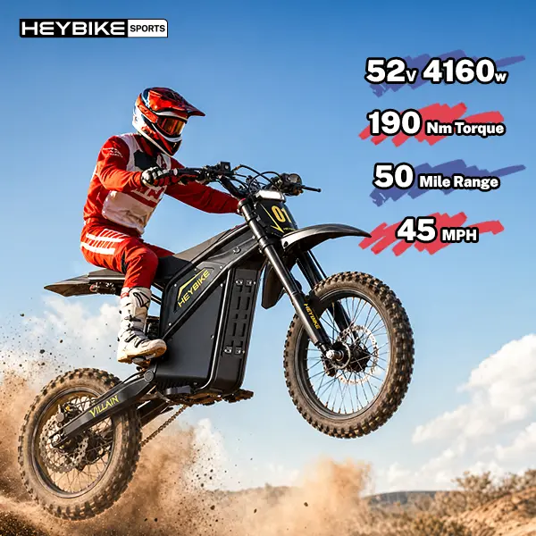 HEYBIKE VILLAIN Electric Bike, 4160W Peak Power, 190Nm Torque, 45 MPH Top Speed, Up to 50 Mi Range, 52V 26Ah Removable Battery, All-Terrain Fat Tires, Hydraulic Suspension, UL 2849 Certified, Magnetic Safety Cut-Off