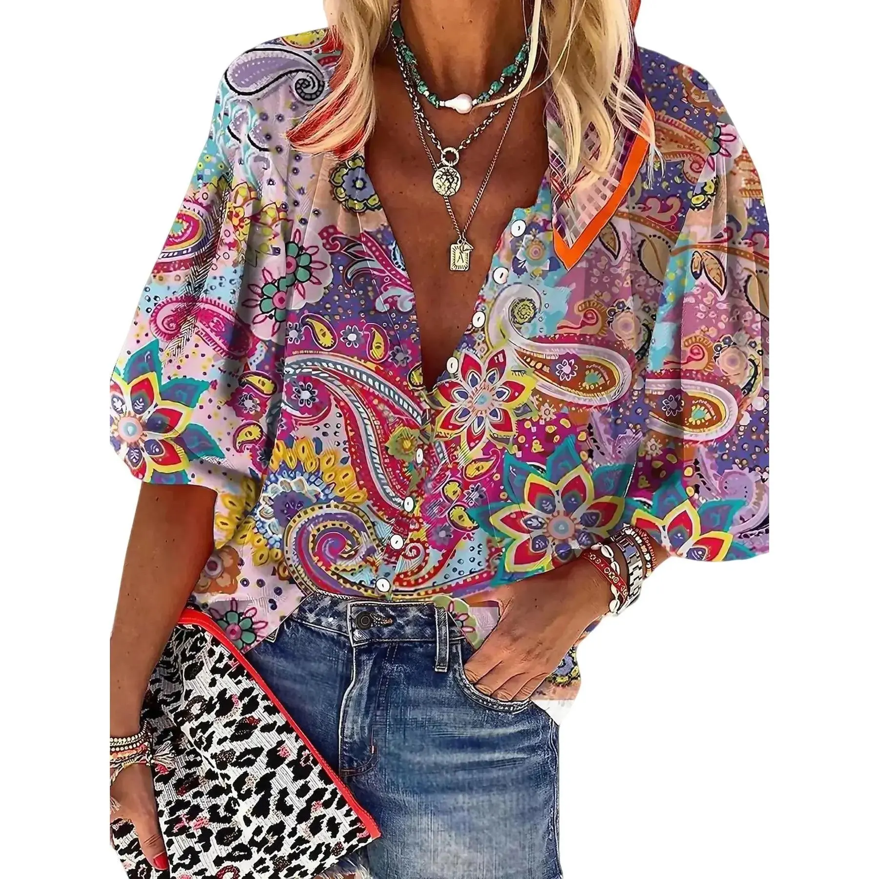 Women's Plus Size Artistic Paisley Floral Print Button-Front Blouse - Boho Bishop Sleeve Notched Neck Shirts for Spring, Fall, Casual Top Wear, Artistic Print