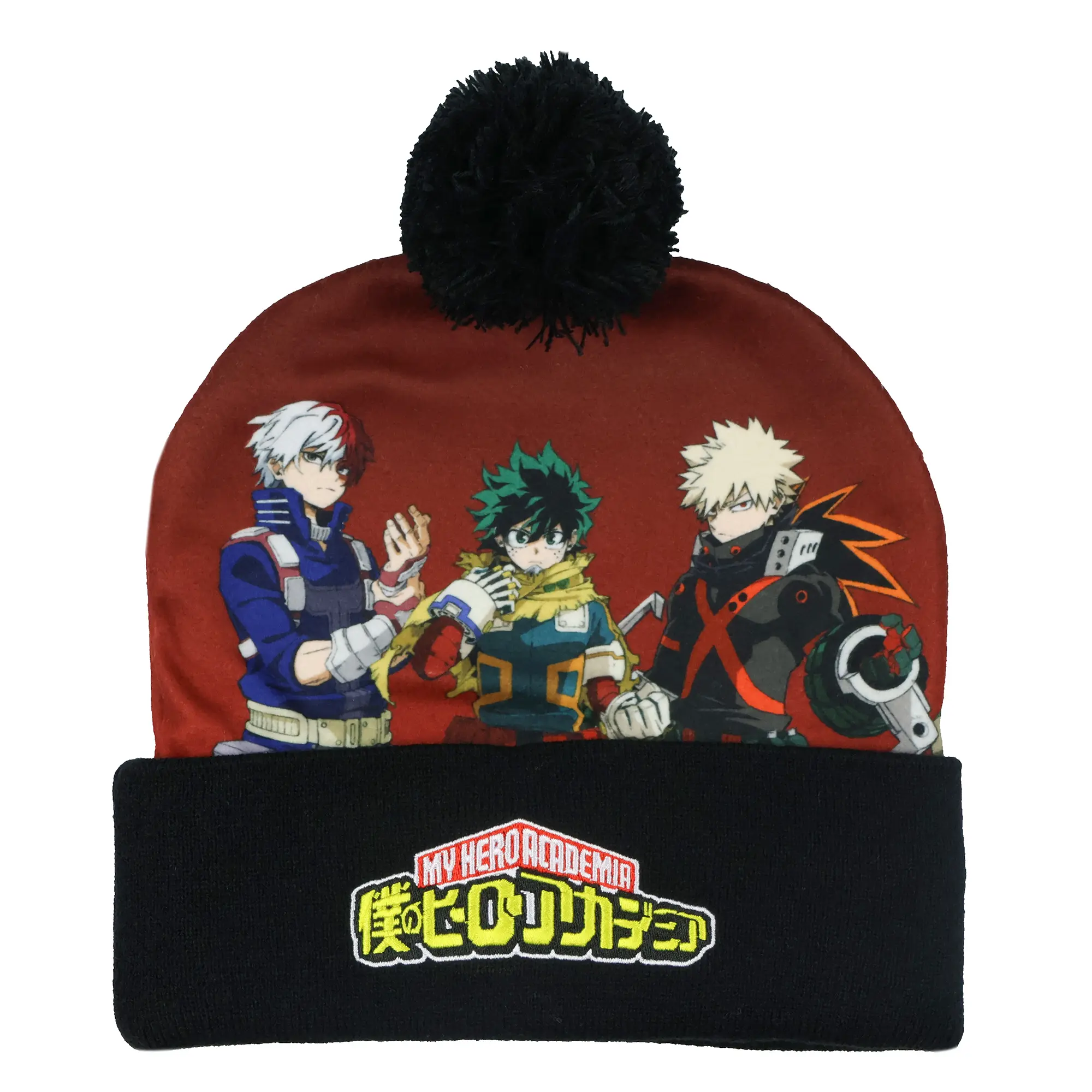 My Hero Academia Cuffed Knit Beanie with Pom, Warm Winter Hat with Deku, Shoto & Bakugo Anime Art, Trendy Hat, Warm Beanie Hat