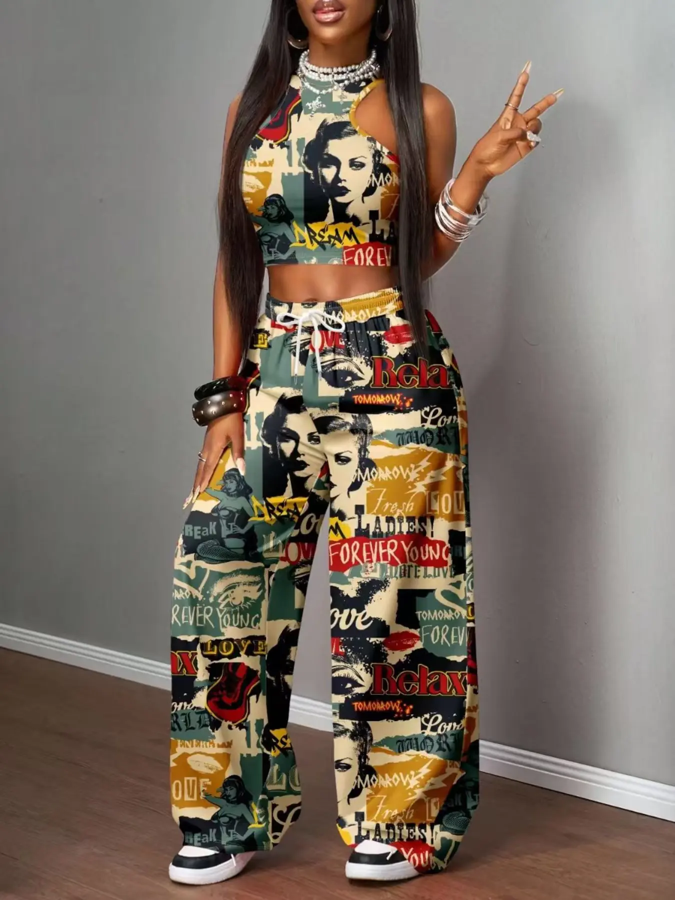 Women's Casual Bold Print Two-Piece Set, Stylish Round Neck Sleeveless Top & Loose-Fitting Baggy Trousers Set, Fashionable Summer Outfits, Womenswear Style Clothes