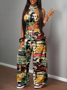 Women's Casual Loose-Fitting Two-Piece Set, Round Neck & Deep Print Short Sleeve Top + Shorts, Fashionable Summer