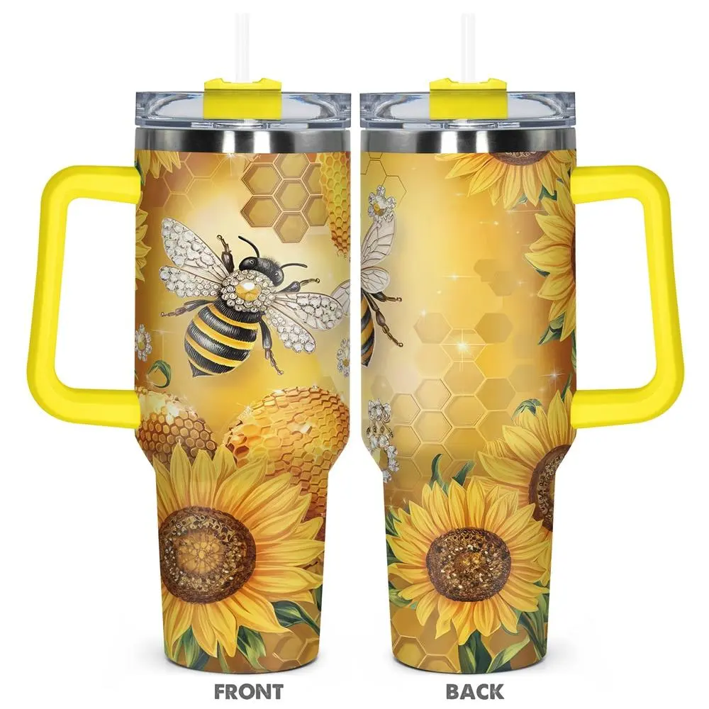 40oz Tumbler with Lid, 1 Count Honey Bee & Sunflower Pattern Stainless Steel Water Bottle, Insulated and Durable, Gift for Any Occasion, Drinkware