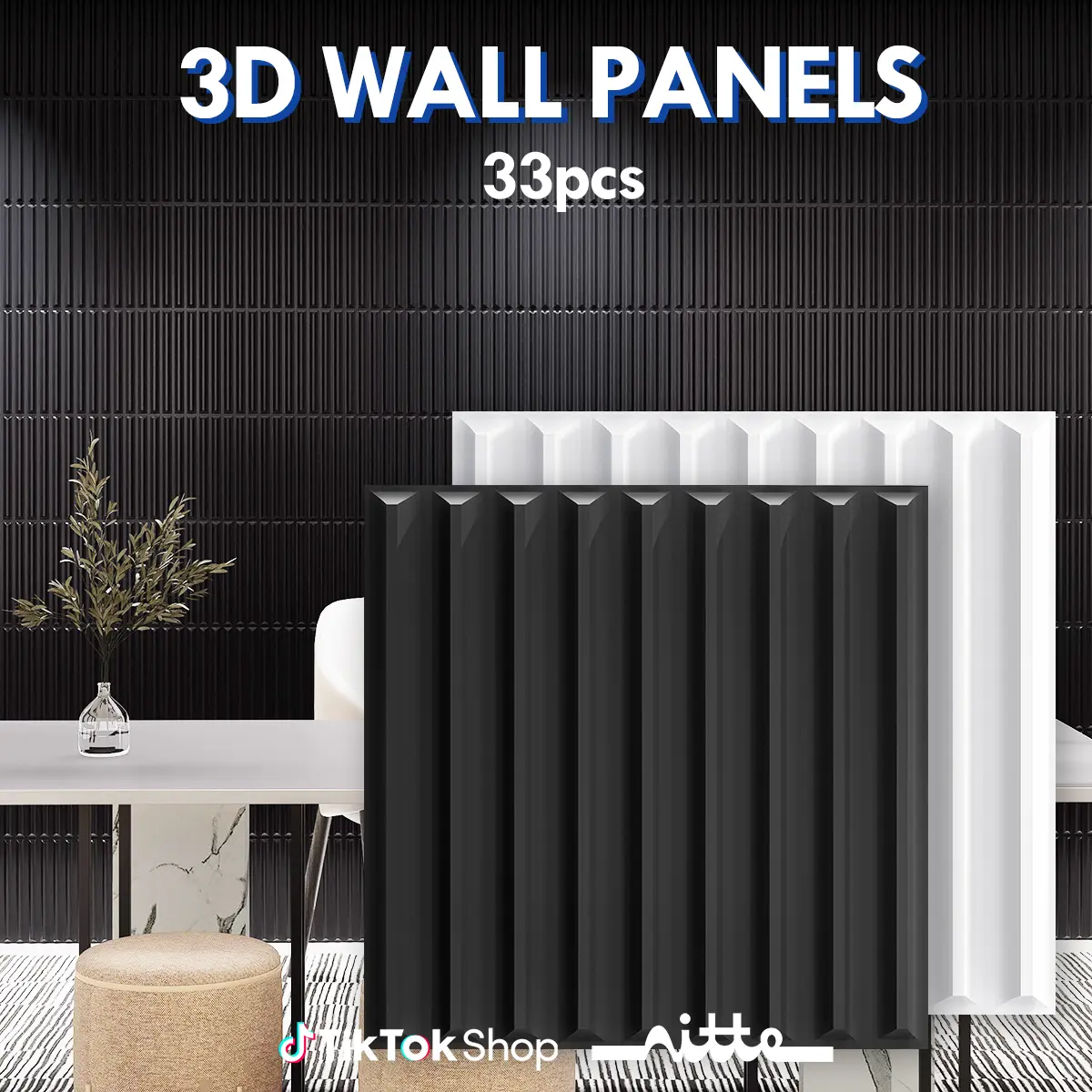 Nitte 33PCS PVC 3D Wall Panels, Modern Slat Style, 11.8"x11.8" (30x30cm), Black and White – Perfect for Elevating Living Rooms, Bedrooms, TV Walls, Kitchens, and Sophisticated Office Interiors Installation Durable