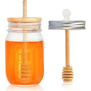 16oz glass jar with dippers stick set, pot with dipper and lid, containers for airtight syrup dispenser for home kitchen