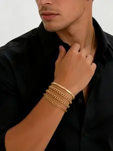 18K Gold Plated Stainless Steel 4pcs Herringbone Cuban Figaro Paperclip Stackable Bracelet Set for Men - Hypoallergenic Waterproof Tarnish Free Adjustable Layered Chains