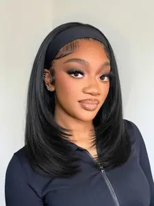 Headband Wig Layered Straight Cut Shoulder Length Wigs for Women, 14 Inch Synthetic Hair, Glueless, Heat Resistant, Beginner Friendly, Glueless Wear Wig