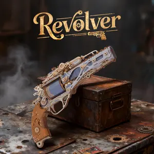 FUNPOLA 3D Wooden Puzzle Steam Revolver Model – Steampunk Mechanical Revolver DIY Assembly Kit, Unique Creative Gift for Adults and Teens