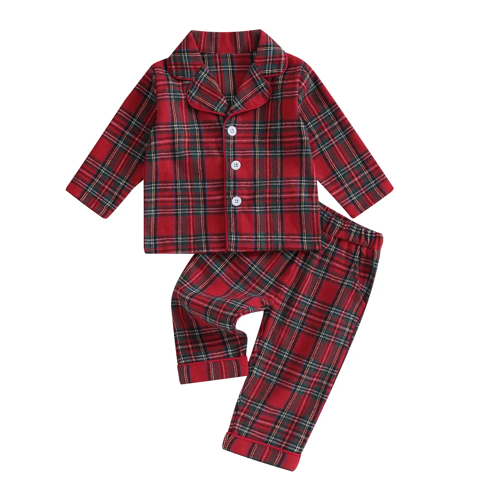 Baby Toddler 2-Piece Cotton Sleepwear Outfit, Christmas Red Plaid Print Long Sleeve Lapel Collar Button-Down Top & Pants Pajamas Set for Boys & Girls (Baby Girls Clothing)