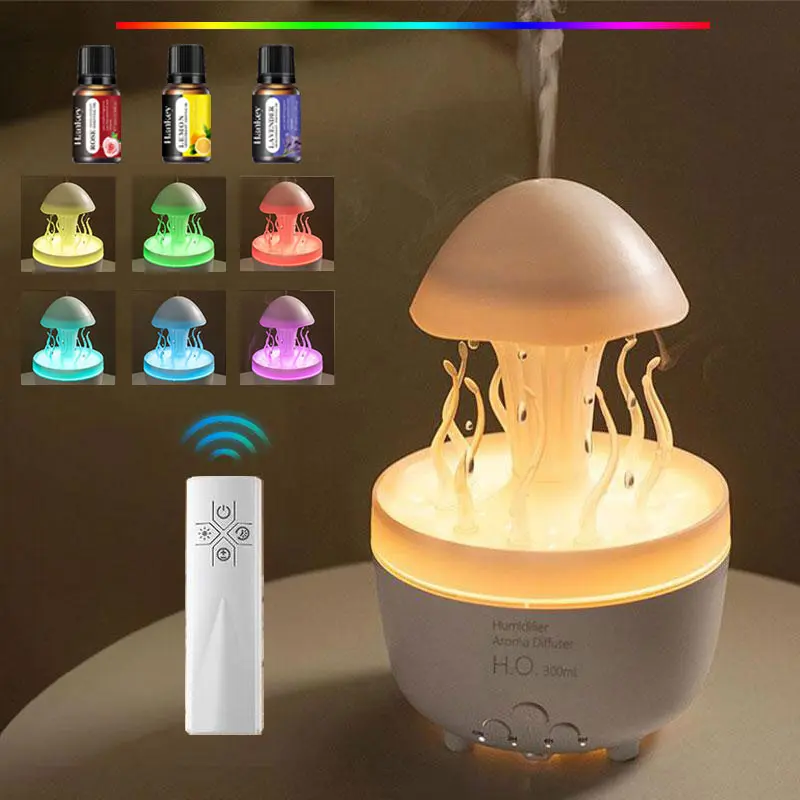 Raindrop Humidifier with Rotating Water Droplet Aroma Diffuser, Humidifier Diffusers, 7-Color LED Night Light, Humidifier with Timer, Essential Oils, Remote Control, and Auto Shut-Off Protection, Holiday Gift, Aromatherapy Humidifier