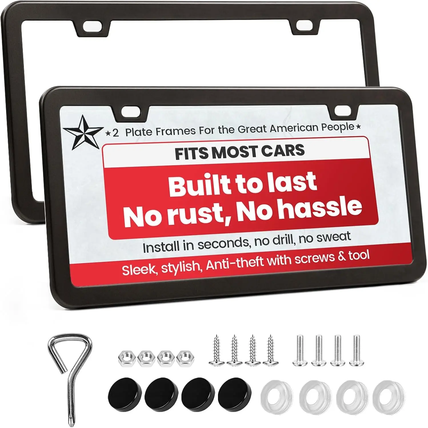 2 Pack Premium Matte Black License Plate Frames with 2 Holes, Rust-Proof Aluminum Metal License Plate Holder, Includes Screw Accessories, Universal Car License Plate Cover for Man
