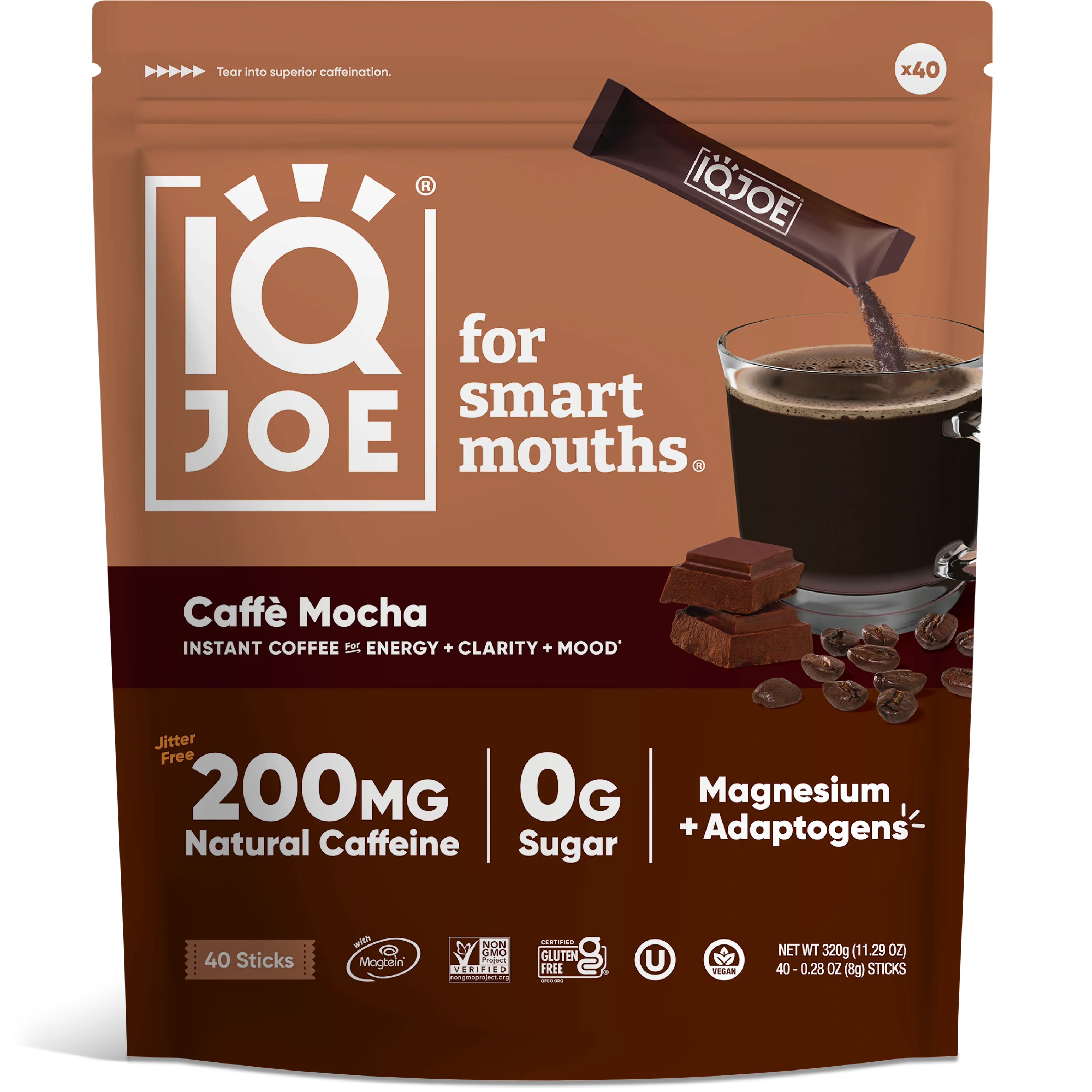 IQJOE Caffè Mocha (40 Sticks) - Instant Mushroom Coffee Packets with Lion’s Mane - Sugar Free, Keto, Vegan Clarity and Mood Enhancing Coffee