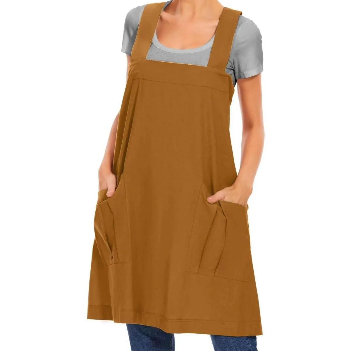 WROLEM Women's Minimalist Lightweight Cotton Cross-Back Pinafore Apron Dress with Big Pocket - Kitchen Cooking Apron for Casual Basics Use, Birthday, Engagement
