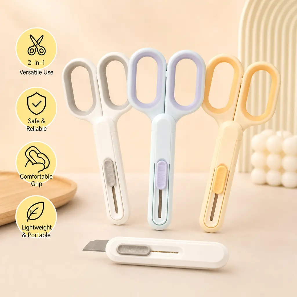 1-Count 2-in-1 Blade Scissors with Built-in Utility Cutter, Non-stick Sharp Blade, Soft Ergonomic Handle, Compact Office Accessories for Study, Multi-cut Parcel Opening Office Use