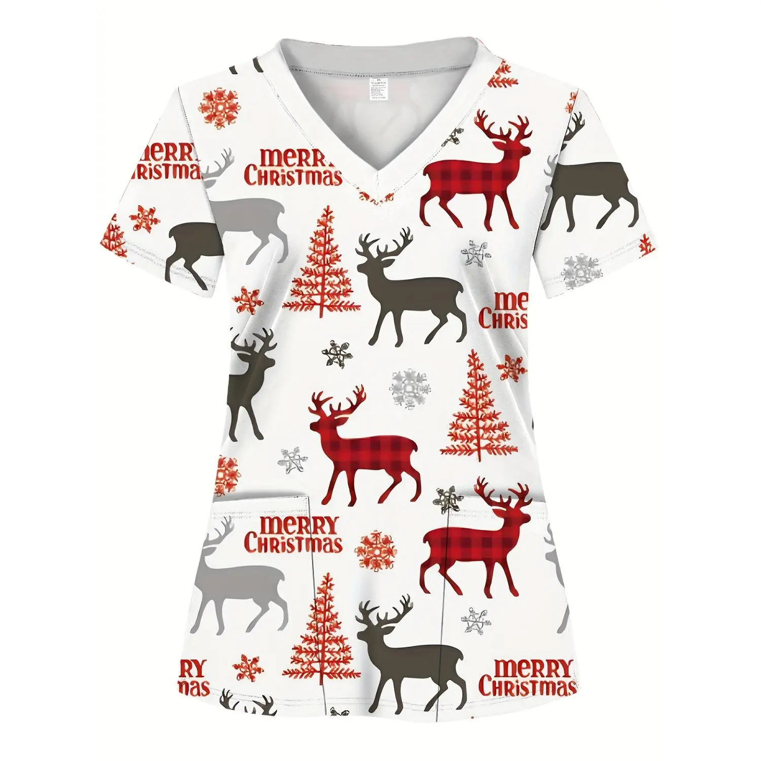 Women's Soft, Breathable Christmas Deer & Merry Christmas Print V-Neck Scrub Top with Two Pockets, Work Shirt for Hospital, Dental Office & Nursing Uniforms, Machine Washable