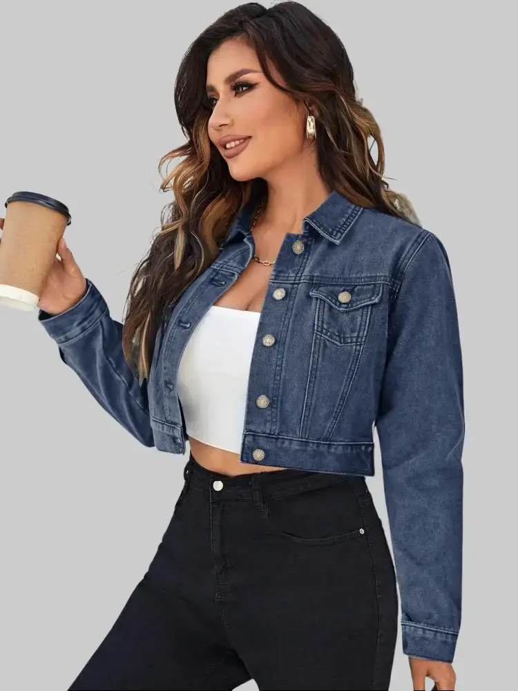 Zeagoo Women's Button Down Long Sleeve Cropped Denim Jean Jacket with Pockets jacket Halloween Casual Fashion Womenswear Coats summerwins