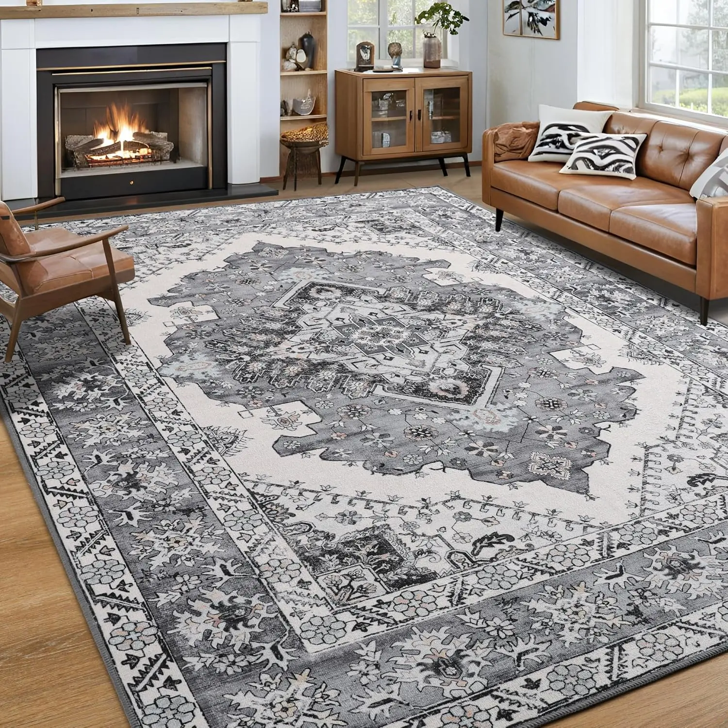 Springtok Vintage Printed Low-Pile Thin Chenille Rugs - Non-Slip, Machine Washable Living Room Decorative Rugs for Kitchen Use, Living Room Rugs