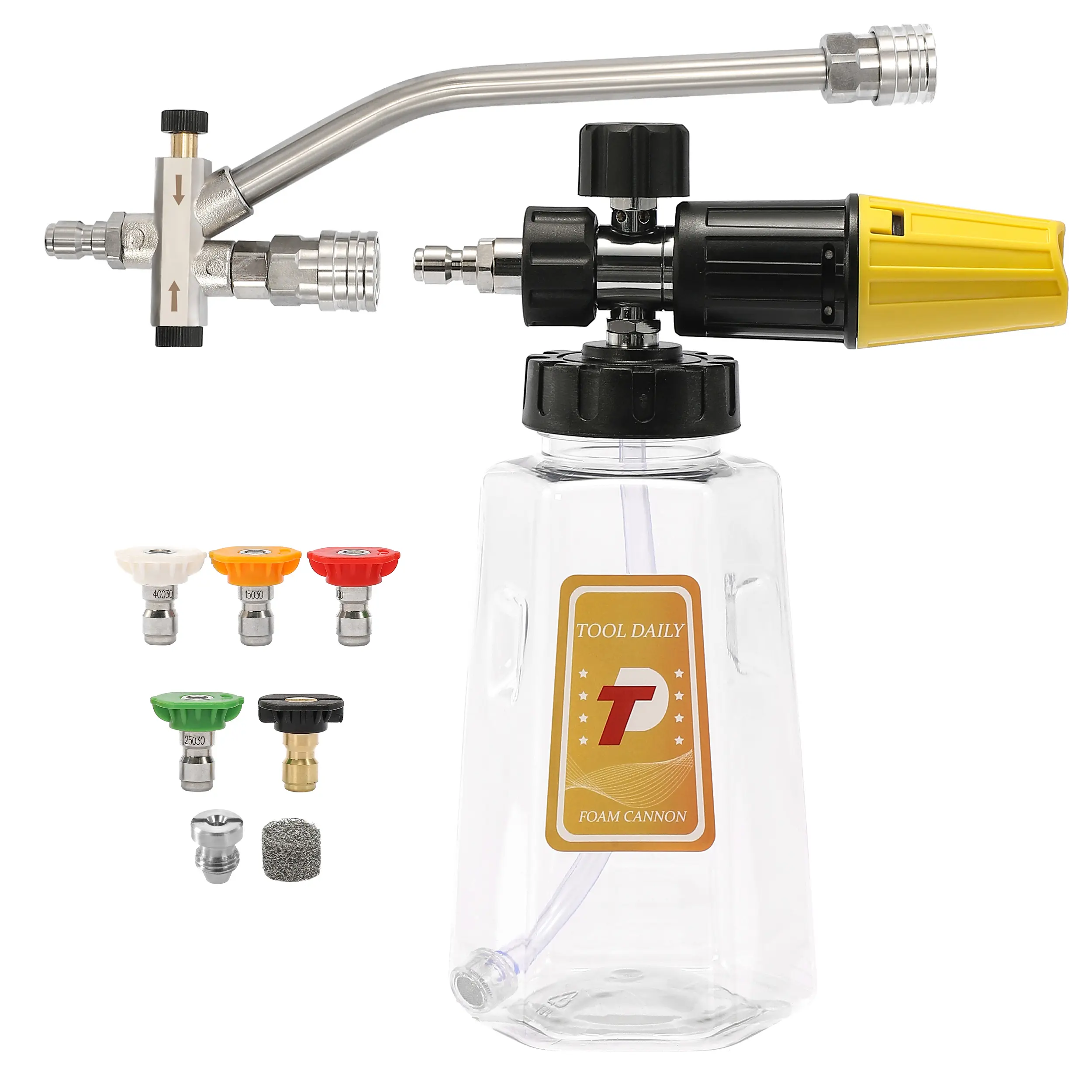 Tool Daily 1L Pressure Washer Foam Cannon - Car Wash Jet Accessory with Foam Bottle, Dual-Connector Dual-End Design, Double-Tip Soap Attachment, 5 Sprayer Nozzles, 1/4" Quick Connect Kit for Cars, Trucks, Motorcycles, Driveways【DealsForYouDays】