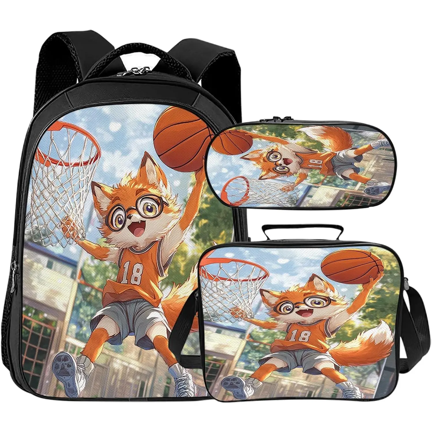 Fox School Backpack 3 count Set Backpack Lunch Bag Pencil Case  Fabric for School Gifts for Students   Boys Girls Elementary Middle