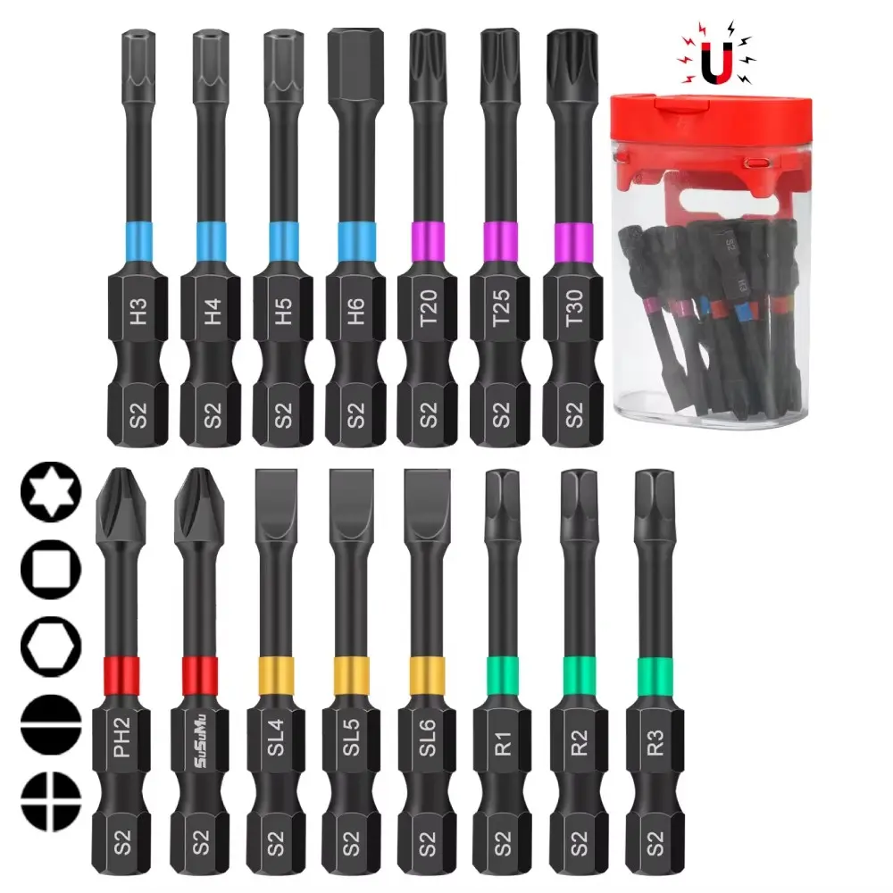 15-Piece Magnetic Screwdriver Bit Set, Drill Bit Kit, Impact Electric Drill Bits with Storage Box, Includes 5 S2 Material Bits, Anti-Slip Waterproof Features, Metal Bits, Non Slip Bit