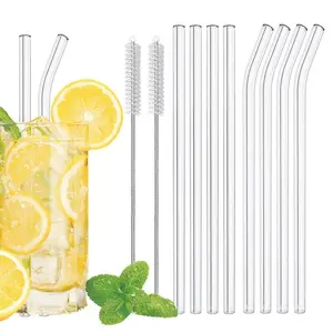 Clear Glass Straw Set, Glass Straw Drinkware, Including 4 Counts Straight Straw & 4 Counts Curved Straw & 2 Counts Cleaning Brush, Reusable Drinking Supplies for Home Office