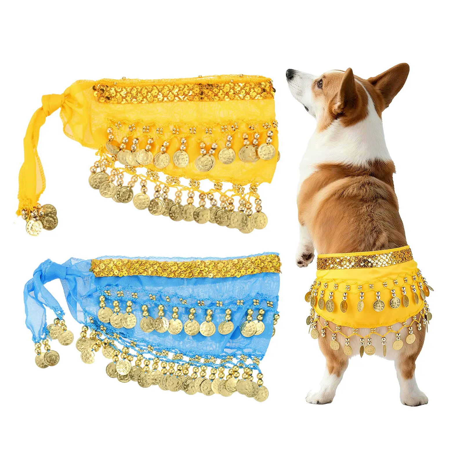 PETAXCELL Dog Belly Dancer Skirt Waist Chain Hip Curtain Clothes Dog Costume Puppies Shaking Dance Outfit Hip Scarf with Sequin for Pet Cosplay/Party/Birthday