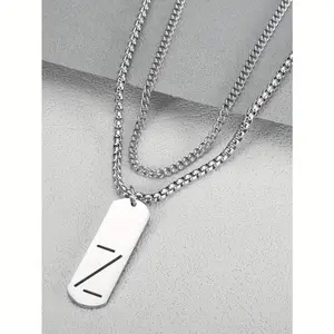 The Men's Double Layered Necklace with Simple Chain Stacking and Rectangular Pendant for Daily Commute or Trendy Street Wear