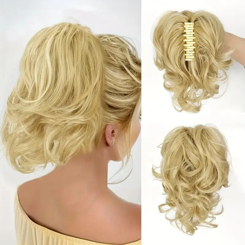 Short Curly Messy Hair Bun Hairpiece, Blonde Loose Chignon Scrunchie Hair Extension, Lightweight Fluffy Updo Hair Accessory for Women Daily Casual Hairstyle