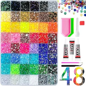 1Box Trending 48-Colors Sparkling Flatback Nail Rhinestones Bedazzling Kit 3mm Multi-colors Semi-circular AB Resin Crystals Perfect for DIY Acrylics Nails Festival Gift Crafts Nail Decoration Supplies