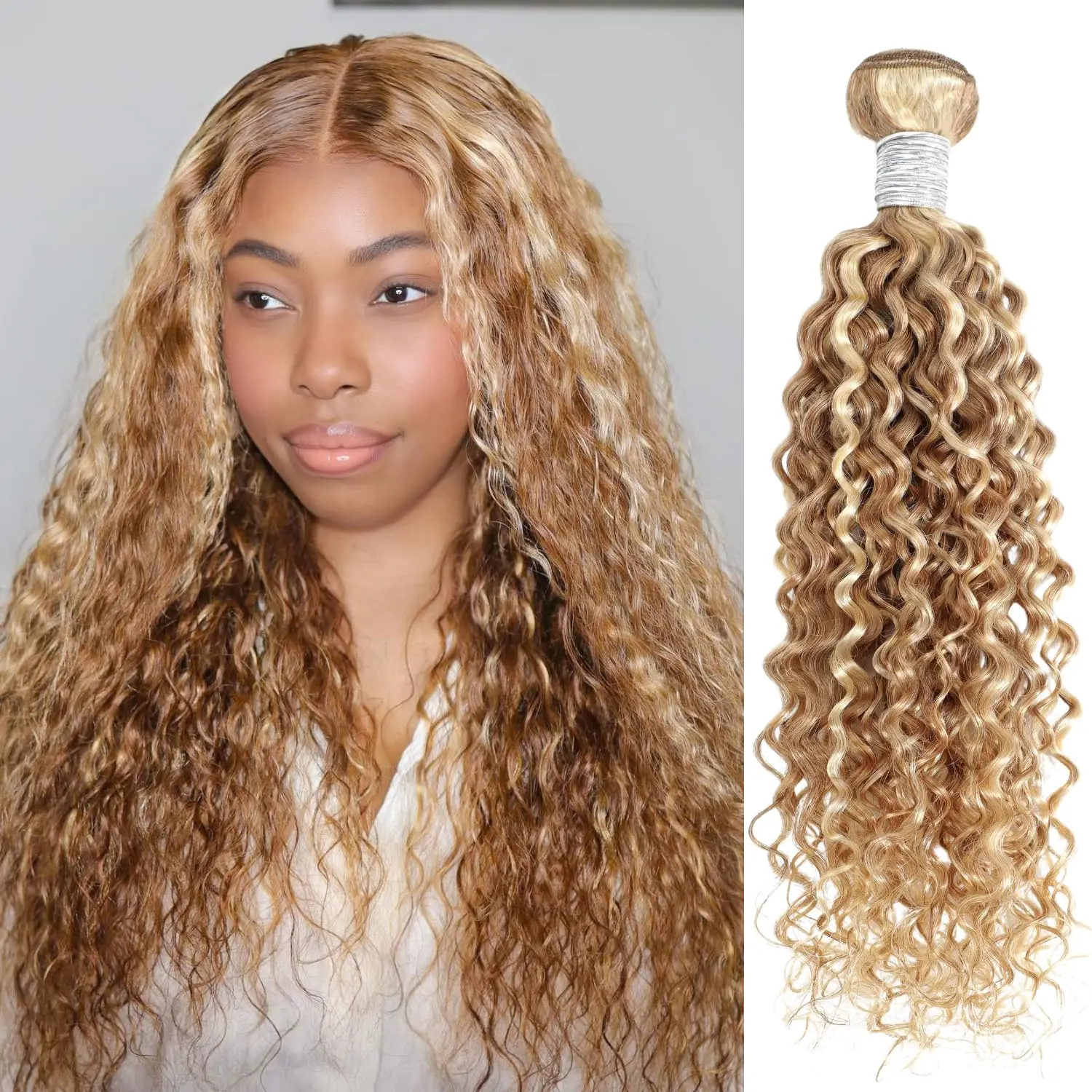 ALHER Human Hair Bundles 22 Inch, Water Wave Virgin Hair Extensions, Honey Blonde Highlight (27/613) Double Weft for Sew In Weave, Natural Looking Curled Strands, Hair Weave Extensions, Natural Looking Hair