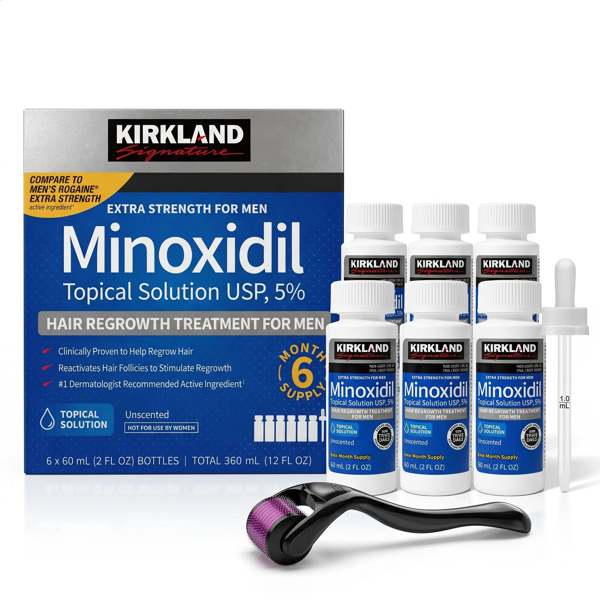 Kirkland 5% Minoxidil Topical Solution for Men, Extra Strength Hair Regrowth Treatment, 6-Month Supply (6 x 2 fl oz) with Precision Dropper Applicator, Daily Hair Enhancer for Thicker Looking Hair