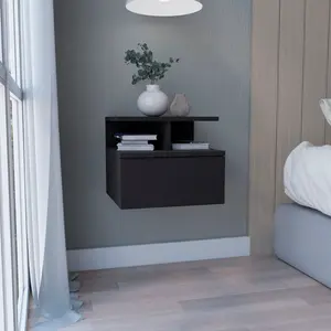 Dreamzon furniture Floating Nightstand 12"H, Wall Mounted with Single Drawer and 2-Tier Shelf, Black