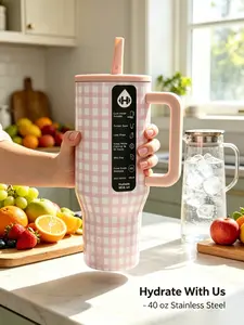 HydroJug Traveler 40oz Pink Gingham Insulated Thermal Flask Tumbler - Cold Retention, Leakproof, Cup Holder Friendly Portable Drinkware for Work, Beach Days Mug