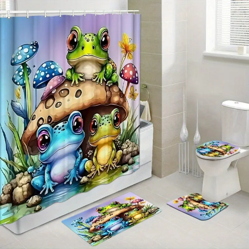 4pcs Bath Shower Curtain Set with 12 Hooks and Bath Mats Toilet Covers Seat for Bathroom Non-slip Rug Carpet Polyester Fabric Curtain for Windows Bathroom Accessories Home Decor