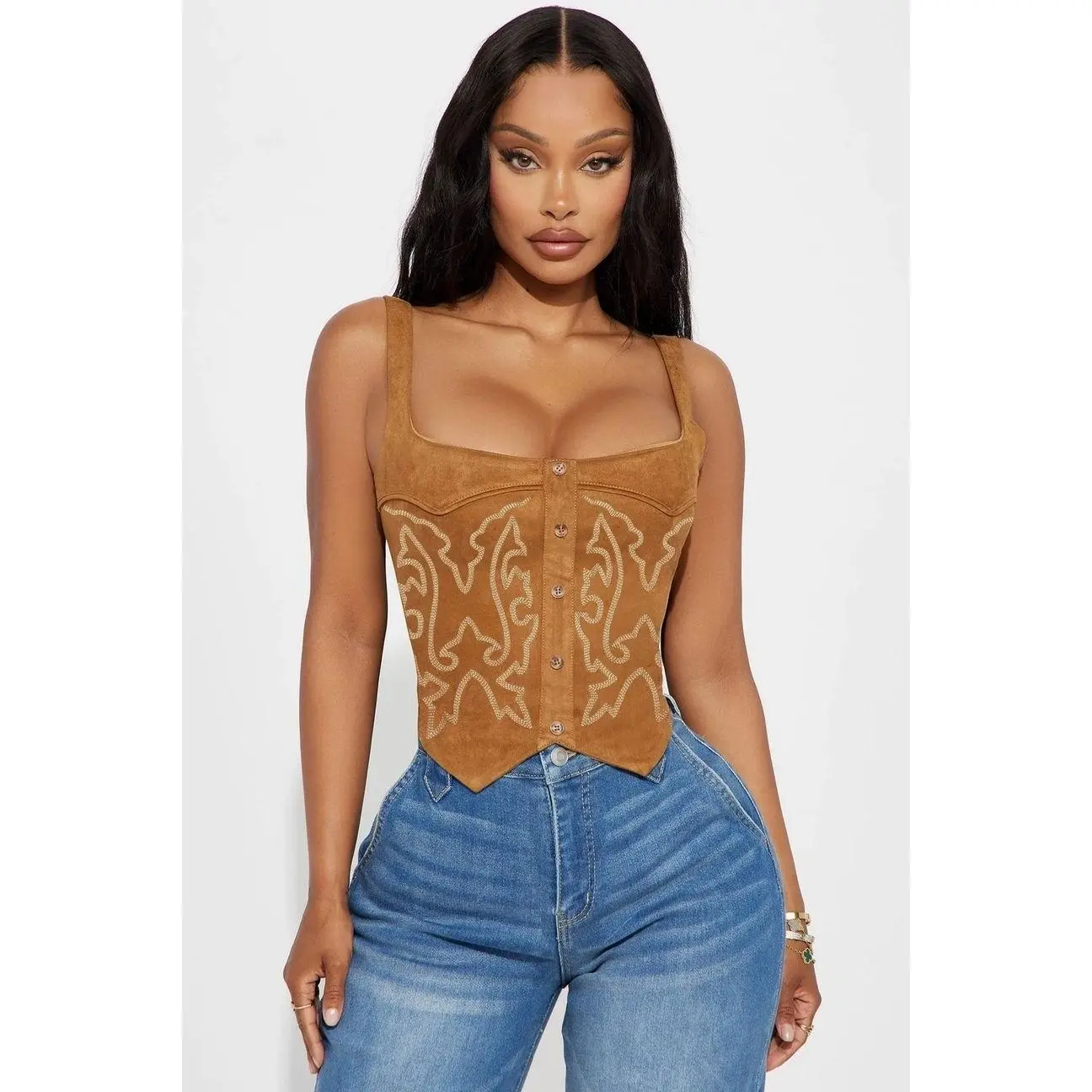 Dakota Embroidered Faux Suede Corset Top - Camel M