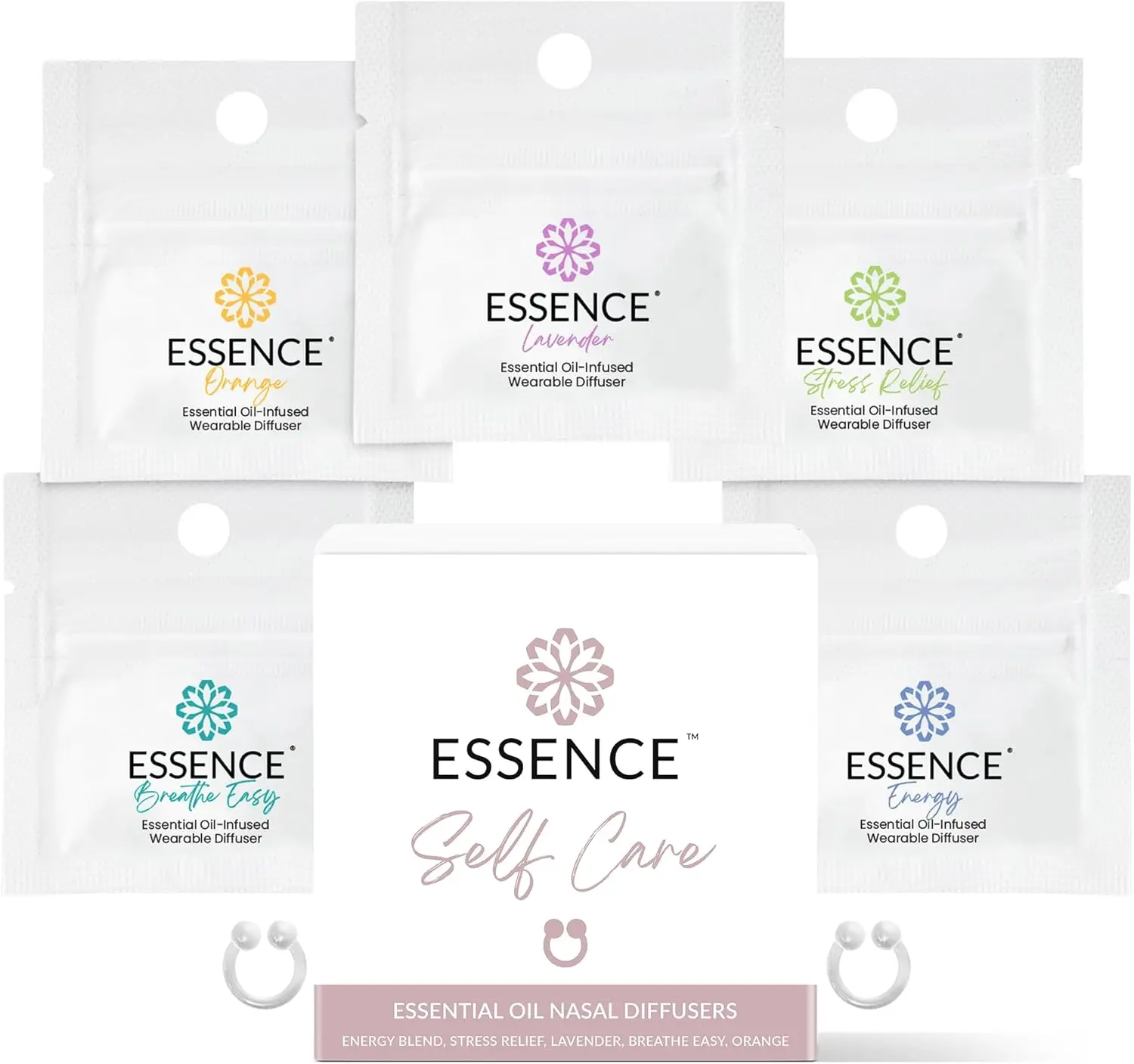Essence Nasal Diffuser Self Care Bundle – Essential Oil Silicone Nose Rings for Stress, Energy & Mental Clarity – Wearable Aromatherapy Pack for Wellness & Mood Balance Daily Scent
