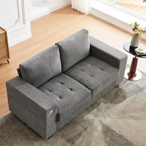 70" Oversized Cloud Couch, Mid Century Chenille Sofa with USB Charging Ports & Side Pockets, Deep Seat Wood Frame, Grey