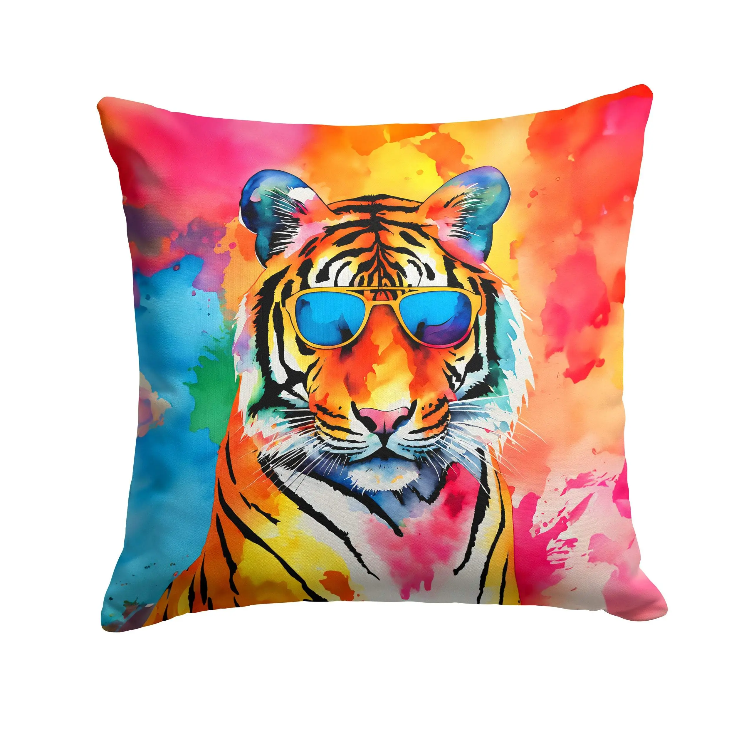 Handcrafted Hippie Bengal Tiger Animal Throw Pillow, Vibrant Art Design, Water-Resistant for Outdoor Seating