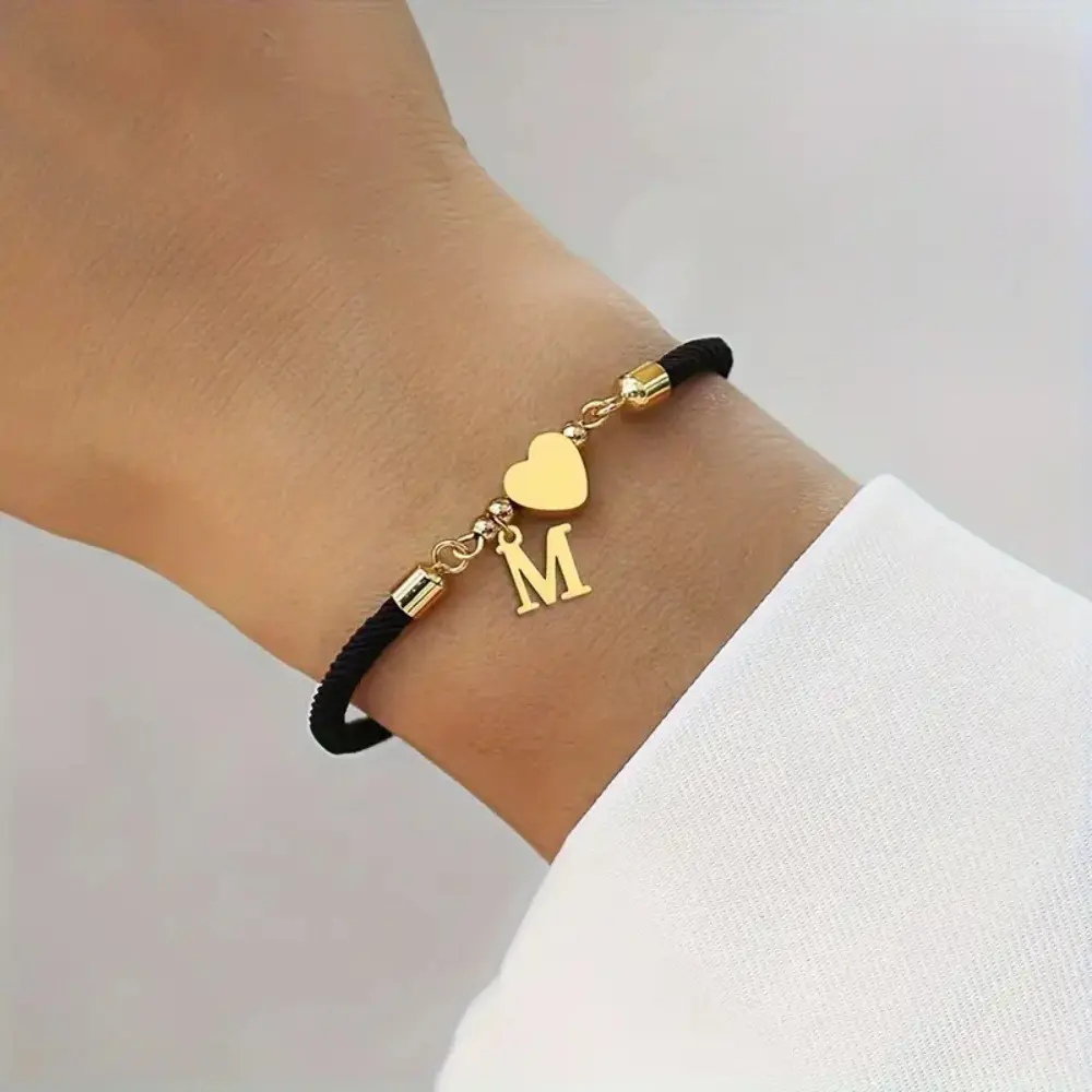 Women's 1pc Personalized Letter Initial Heart Charm Alloy Chain Bracelet, Retro Adjustable Rope Jewelry, All-match Costume Accessory for Daily Use, Fashion Bracelets & Bangles, Personalized Letter Bracelets & Bangles