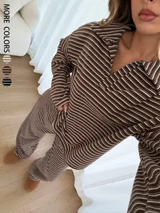 Women's 2pcs Set Loose Striped V-Neck Drop Shoulder Long Sleeve T-Shirt &Elastic Waist Striped Pants, Brown, Casual Sets For Women, Pajamas Set, Casual Sets For Women Brown Two Piece Set Women