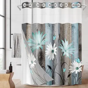 Rustic Farmhouse Shower Curtain with Teal Daisy Flowers & Butterfly Design 71x74 Inch Waterproof Double Layers Snap-in Liner Set See Through Top