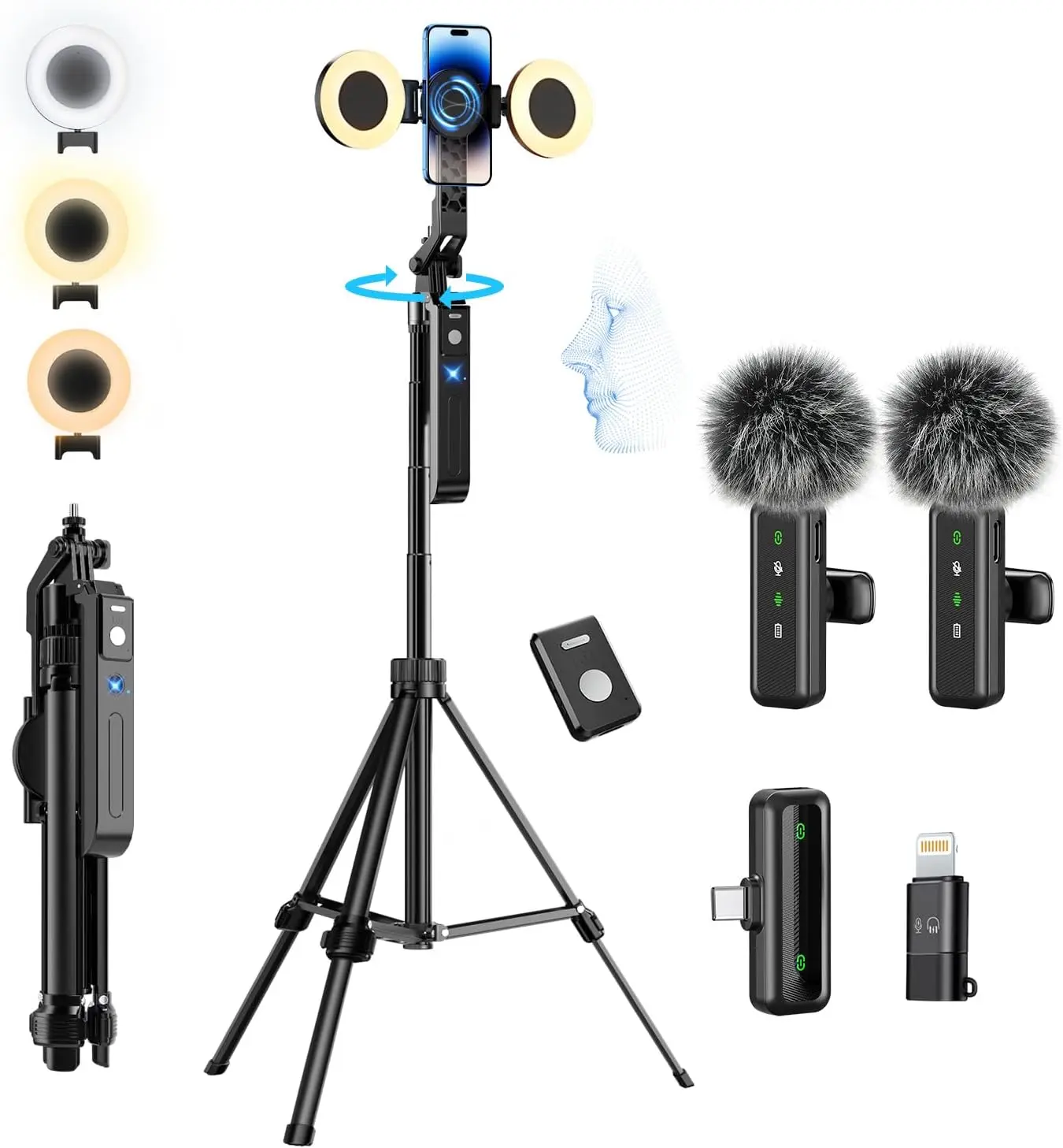 yAyusi Adjustable 5-in-1 Mobile Selfie Stick Tripod (70.9in) with Clip, Light, Magnetic Microphone, Remote Control & Port - Smartphone Recording Storage Kit for Content Creators