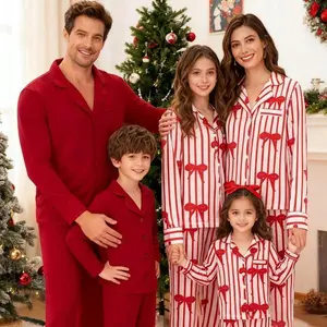 Christmas Family Matching Pajama Set Men Women Kids Lapel Neck Button Down Long Sleeve Shirt Top + Long Pants 2 Piece Loungewear Bow Striped/Solid Color Sleepwear Xmas Holiday OutfitGift