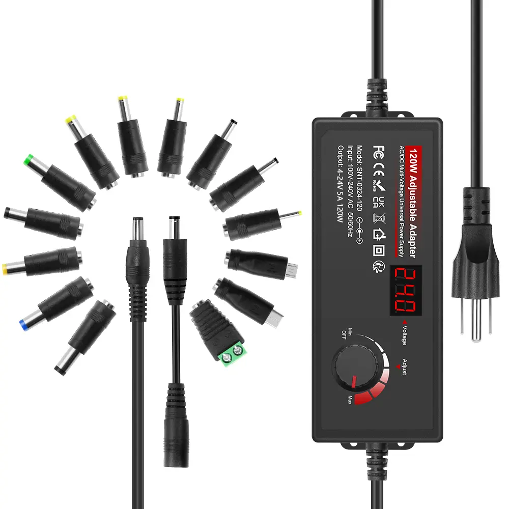 RGBGAMER Universal Adjustable Power Supply - 4V-24V 5A 120W AC/DC Multi Input Adapter, Electrical Transformer with Polarity Converter, 14 Tips, DC Barrel Connector, Overcharge & Short Circuit Protection for Home Improvement Electrical Equipment Supplies