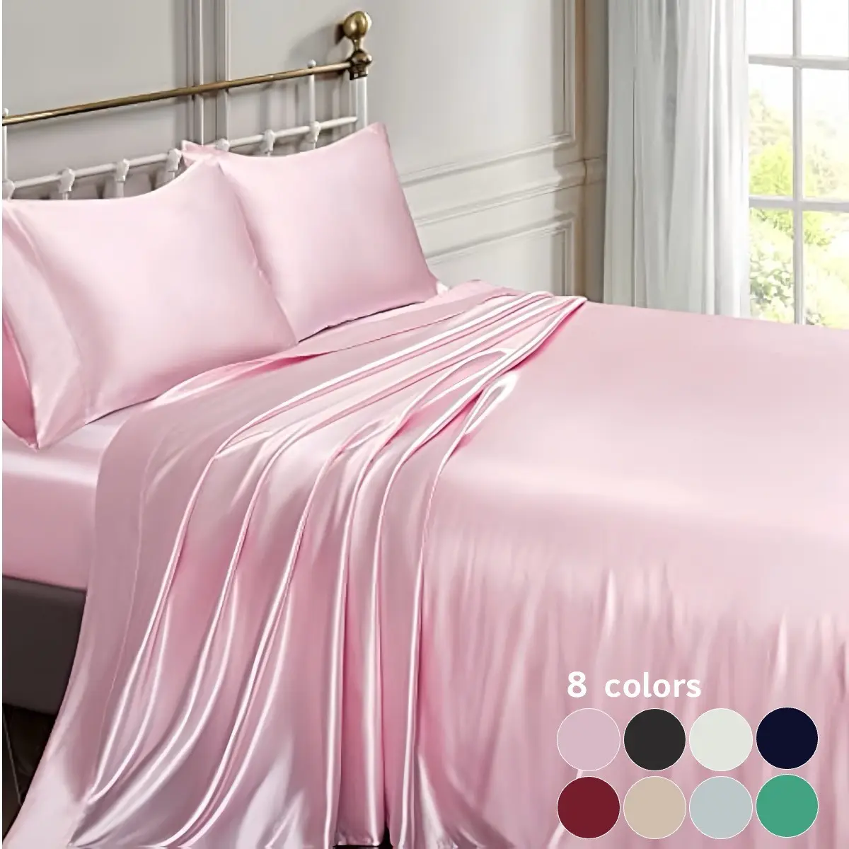 4pcs Solid Satin Bedding Set, Complete Sheet Set, Silky Soft Bed Sheets with Fitted Sheet, Flat Sheet and Pillowcases, Breathable Cooling Bedding, Dustproof Mattress Protector, Multiple Sizes Available, Bed Sheet Sets, Bedsheet Set