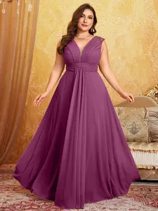 【Plus Size】 Glitter Sequin Chiffon Overlay Evening Dress, Formal Wear, Elegant V Neck Sleeveless Evening Party Gown, Women's Clothes for Summer, Dresses For Party, Womenswear