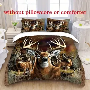 Soft Comfortable Breathable Bedding Set, Deer Dream Hunter Sheet Set (1 Fitted + 2 Pillowcases), Ideal for Bedroom and Dormitory, Breathable Duvet Set, Soft Bedding Sets