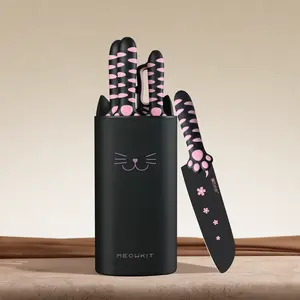 MEOWKIT 5-Piece Kitchen Knife Set with Detachable Block – Nonstick Coated Blades (Black & Pink)